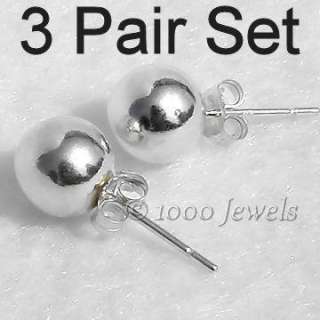 Pair Set 925 Silver Ball Stud Post Earrings 4, 5, 6mm  