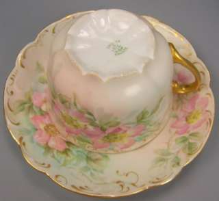 LIMOGES HAND PAINTED ROSES MUSTACHE CUP & SAUCER  