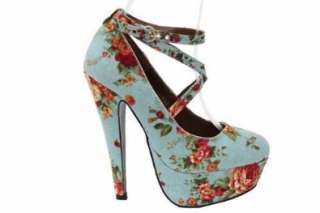 Damen High Heels mit Keilabsatz und Blumen Blau  Schuhe 