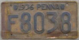 1936 PENNSYLVANIA LICENSE PLATE # F8038  