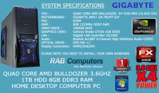 AMD 3.6GHz QUAD CORE nVidia GeForce GT520 1GB 8GB RAM 1TB HOME GAMING 