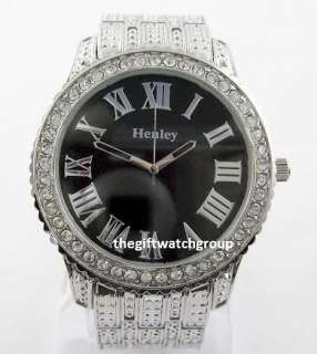   Mens Genuine Crystals Bling Bracelet Watch, Mega Big Black Dial  