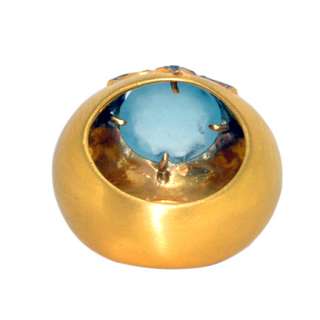 Diamond & Aquamarine Studded Ring 14K Yellow Gold Mens Jewelry US 