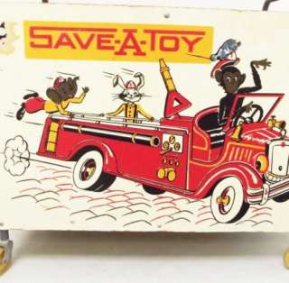 Big 60s Vtg Save a Toy Wooden Toy Box monkey fire truck  