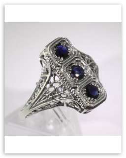 Art Deco Sapphire Filigree Ring Sterling Silver Size 6  
