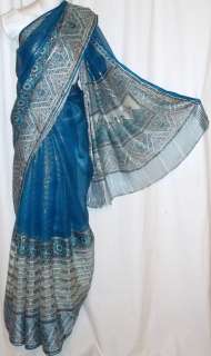 Blue Cream Silk Sari Indian Saree Fabric Costume Belly Dance Bollywood 