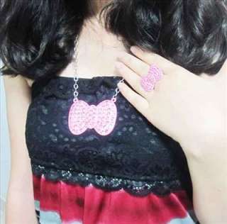 Bling Hellokitty Pink Bow Necklace Ring Set NEW  