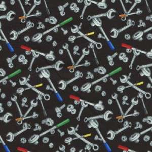 WRENCHES NUTS BOLTS TOOLS BLACK   Cotton Quilt Fabric  