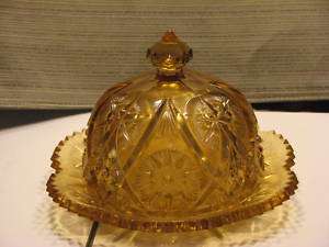 Vintage EAPG Pressed Glass Amber ~ Covered Butter Dish  