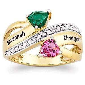  Couples Two Tone Name & Birthstone Hearts Ring with 