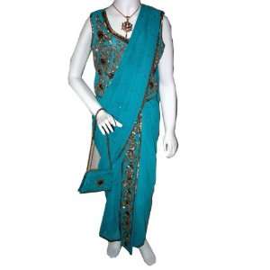  Bollywood Fashion Indian Ethnic Maya Blue Saree for Girls 