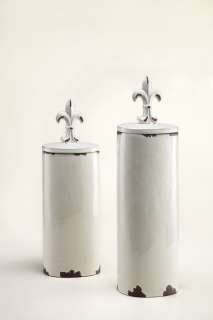   Tall Antique White Fleur de Lis Ceramic Kitchen Canisters Storage Jars