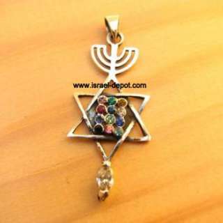 925 Silver Pendant Messianic Menorah David Star Hoshen  
