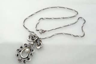   Victorian Silver Diamond Paste Pearl Drop Bow Pendant Necklace c.1880