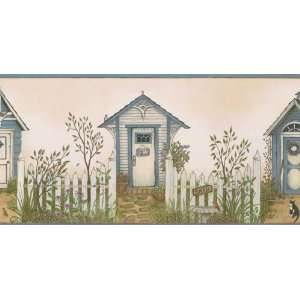  Cottage Outhouse Wallpaper Border, Blue Trim