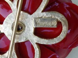 Vintage Crown TRIFARI Red Enamel FLOWER Pin Brooch  