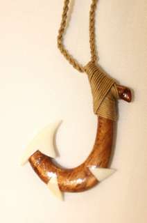 Hawaiian Jewelry Fish Hook Carved Choker/Necklace~ KOA WOOD W/ BONE 