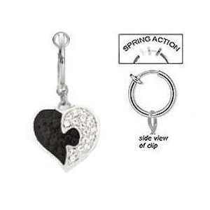 Fake Belly Navel Non Black & Clear Cz Paved Puzzle Like Heart dangle 