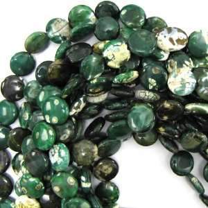14mm green crab agate coin beads 15.5 strand 