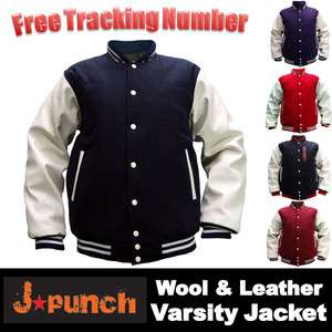 New J punch Varsity Letterman College Jacket   Wool & Leather Outer 