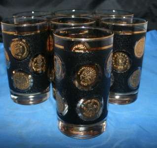 Libbey Black and Gold Coin High Ball Glasses Barware  