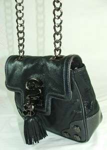 Betsey Johnson Pom Pom Cow Leather Tassel Studded Bag Purse Black 
