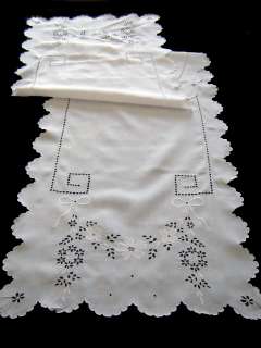   Vintage Maderia White Linen Embroiered Table Runner 70 x19  