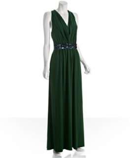 Vera Wang Lavender Label green jersey sequined belted long dress 