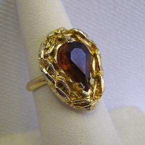 Vintage Costume Ring Faceted Pear Shape Amber Crystal  