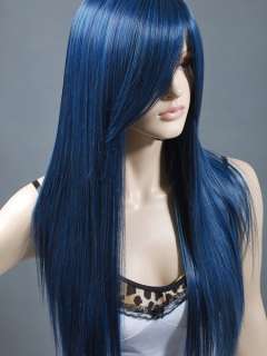 Long Black Blue Straight Animation Cosplay Wig 71cm  