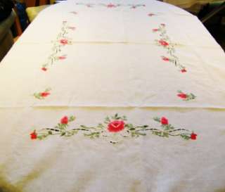 Vintage Design Hand Embroidered PURE LINEN tablecloth BEAUTIFUL 8FT x 