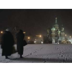  Women Walk Through the Snow to St. Basils Cathedral in 