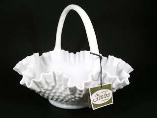 Vintage Fenton Milk Glass Hobnail Basket With Handle  