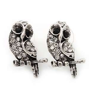   Owl Stud Earrings (Antique Silver Metal)   2.5cm Length Jewelry